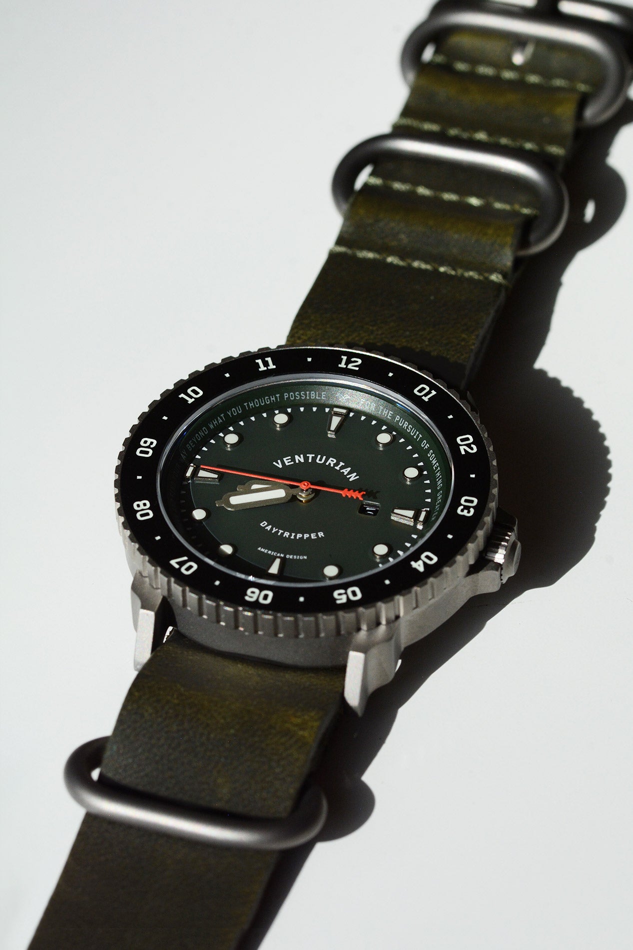 Venturian WatchWorks Daytripper mens watch — 38mm dual timer bezel — black dial. 