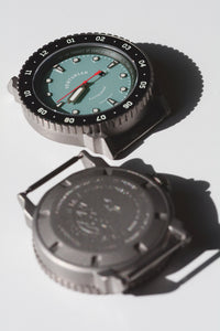 Venturian WatchWorks Daytripper mens watch — 38mm dual timer bezel — front and back cases.