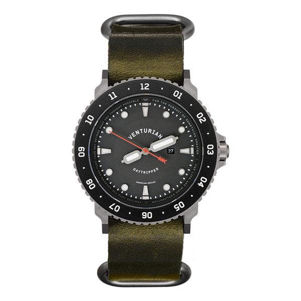 rugged solar powered watch with black dial and green strap on a white background
