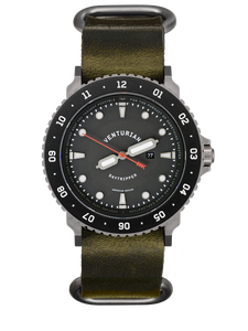 Venturian WatchWorks Daytripper mens watch — 38mm dual timer bezel - black dial with olive leather watch strap.
