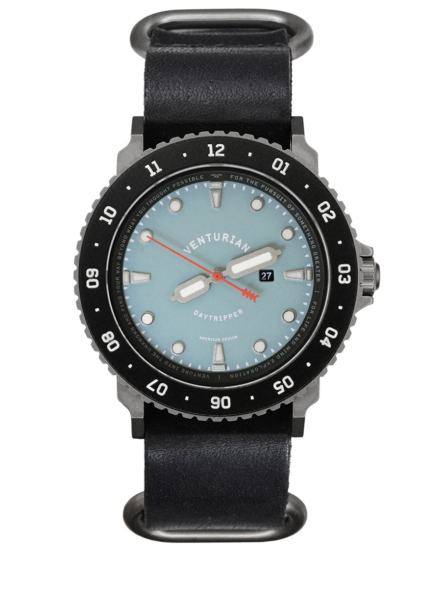Venturian WatchWorks Daytripper mens watch — 38mm dual timer bezel — blue watch dial on black leather watch strap. coin edge bezel. solar powered.