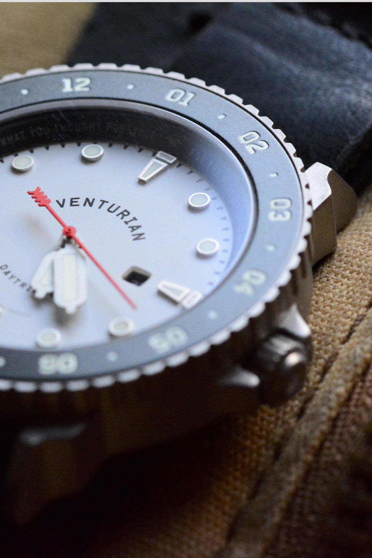 Venturian WatchWorks Daytripper with a white watch dial. This mens watch comes on a leather watch strap.