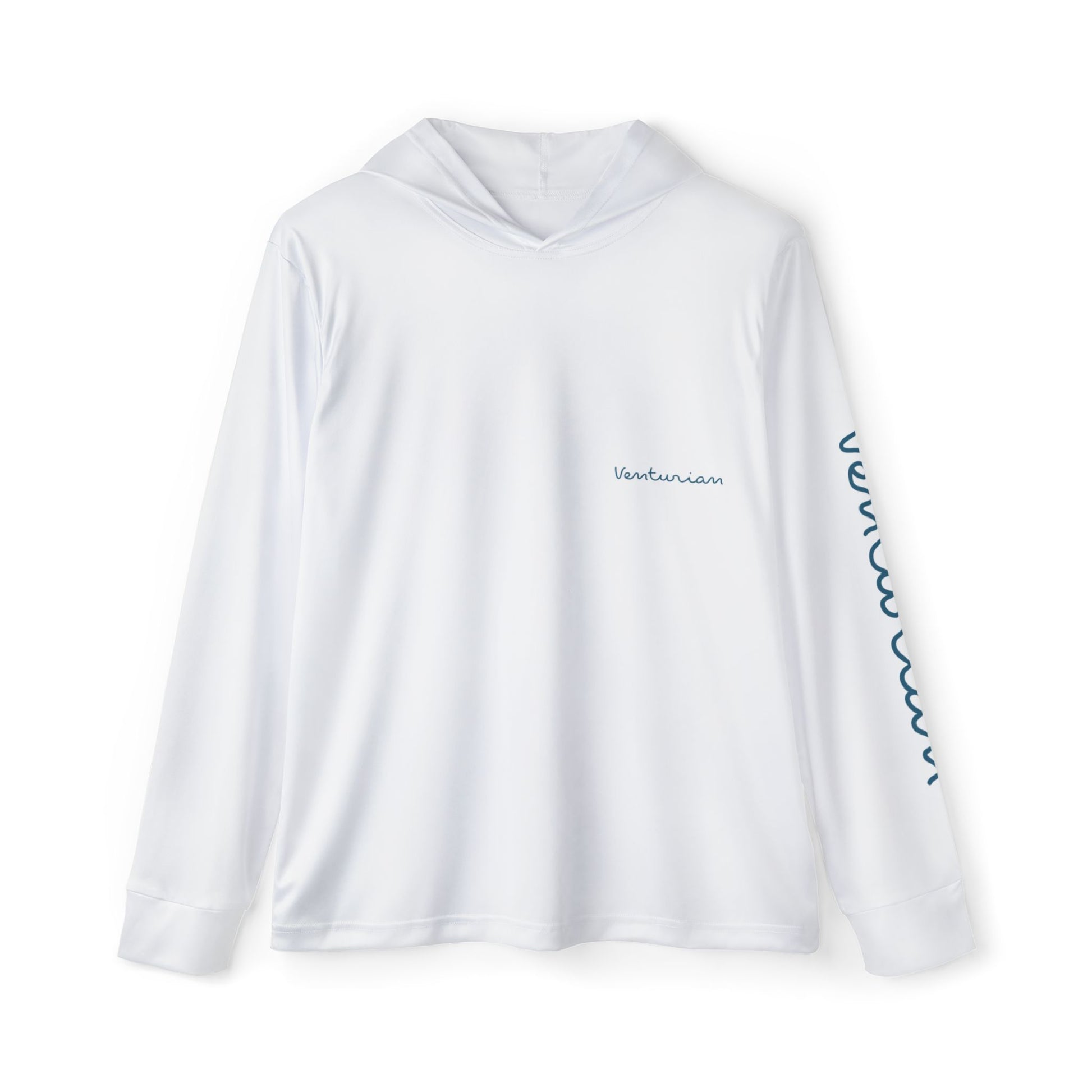 White long-sleeve shirt with blue wave design on sleeve against a white background
