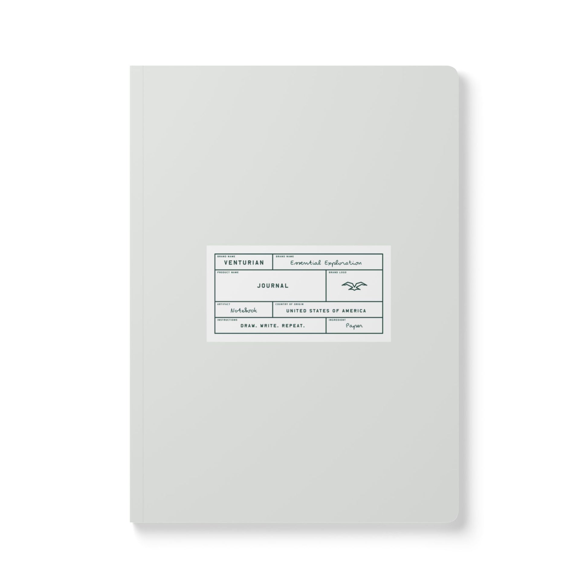 White journal with black text on a white background
