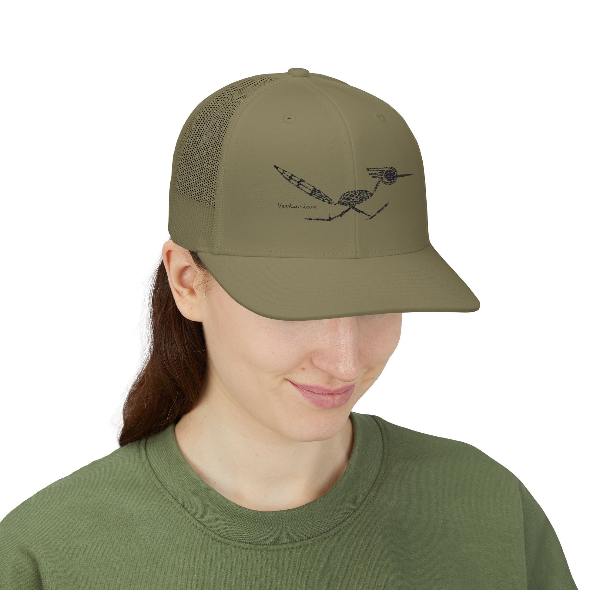 Person wearing a green cap with a logo on a white background