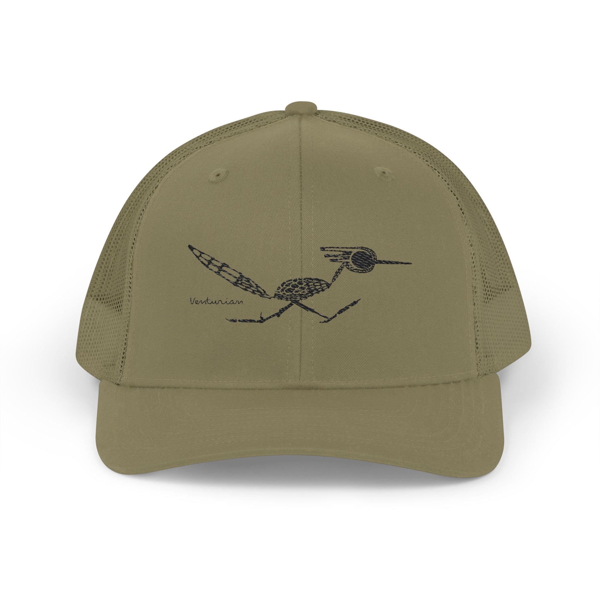 Khaki cap with black bird design on a white background