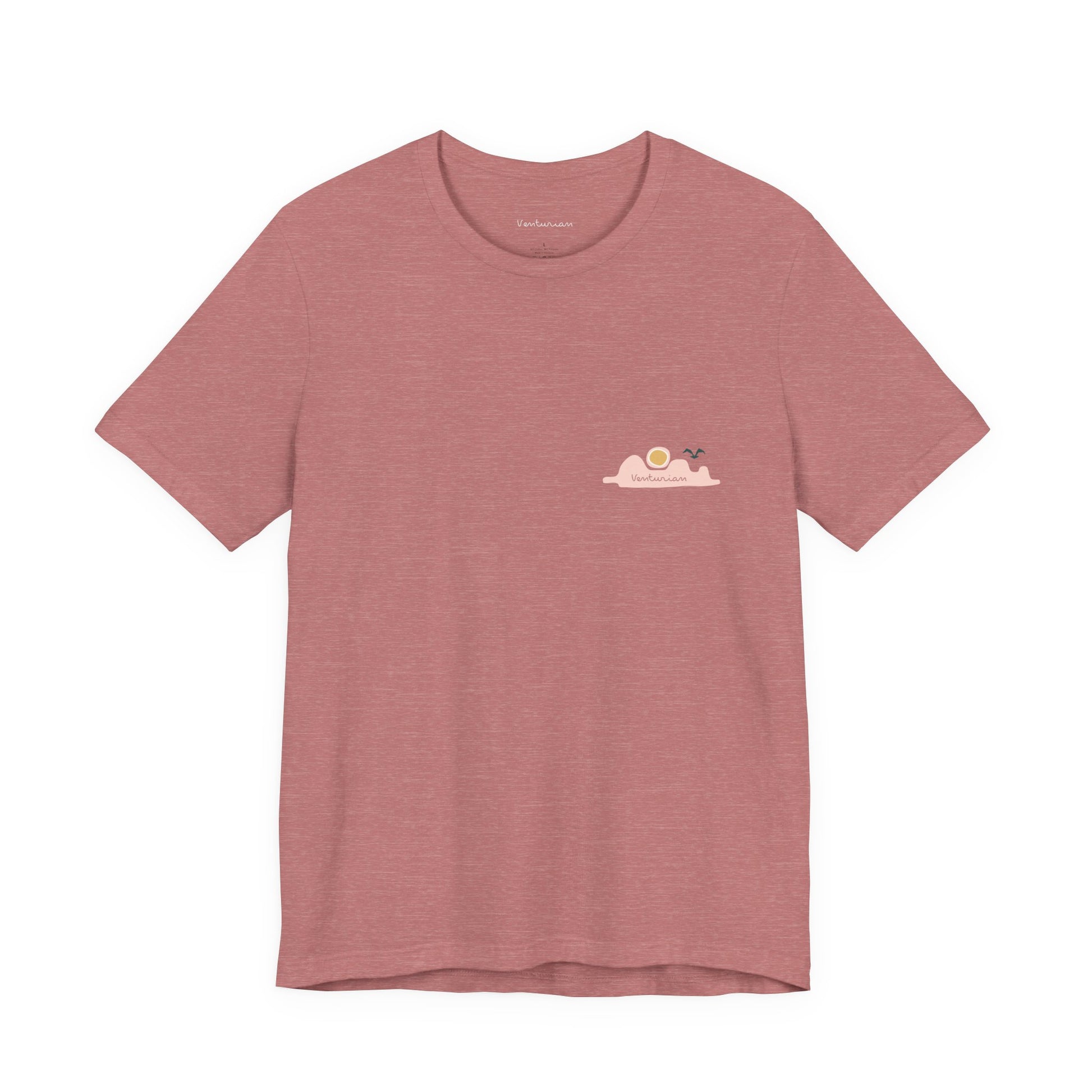 Pink t-shirt with a small graphic on a white background
