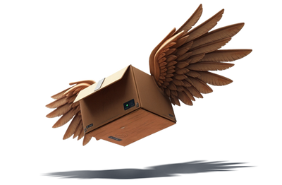 Cardboard box with wings on a white background