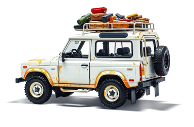 Model of a white SUV with roof racks and luggage on a white background