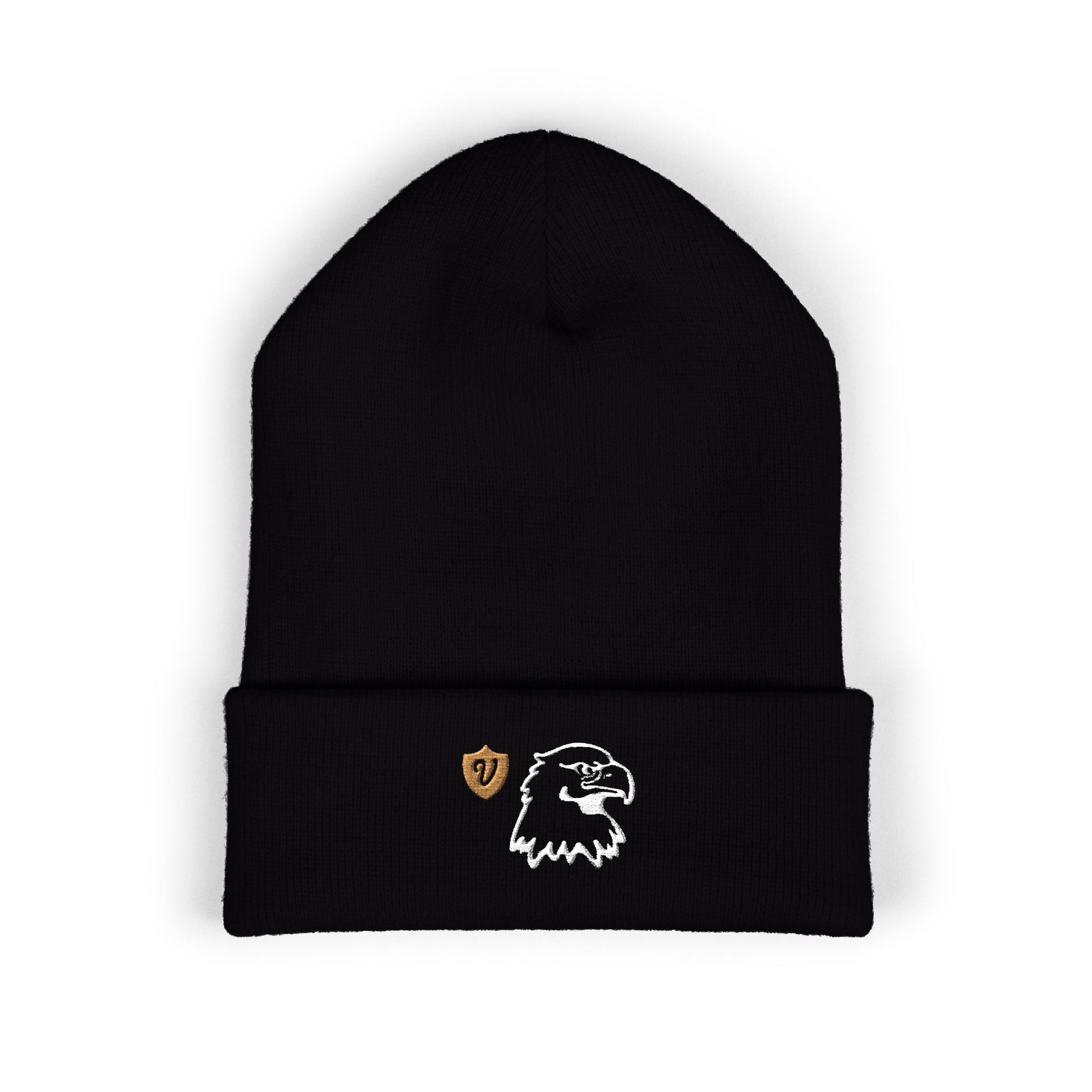 Black knit hat with an embroidered logo on a white background