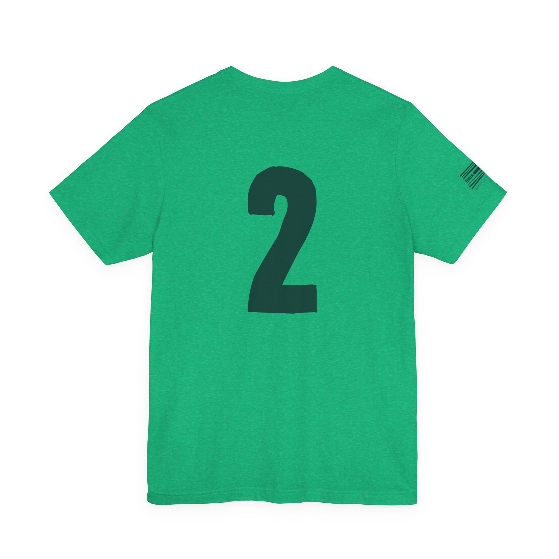 Green t-shirt with the number 2 on the back against a white background
