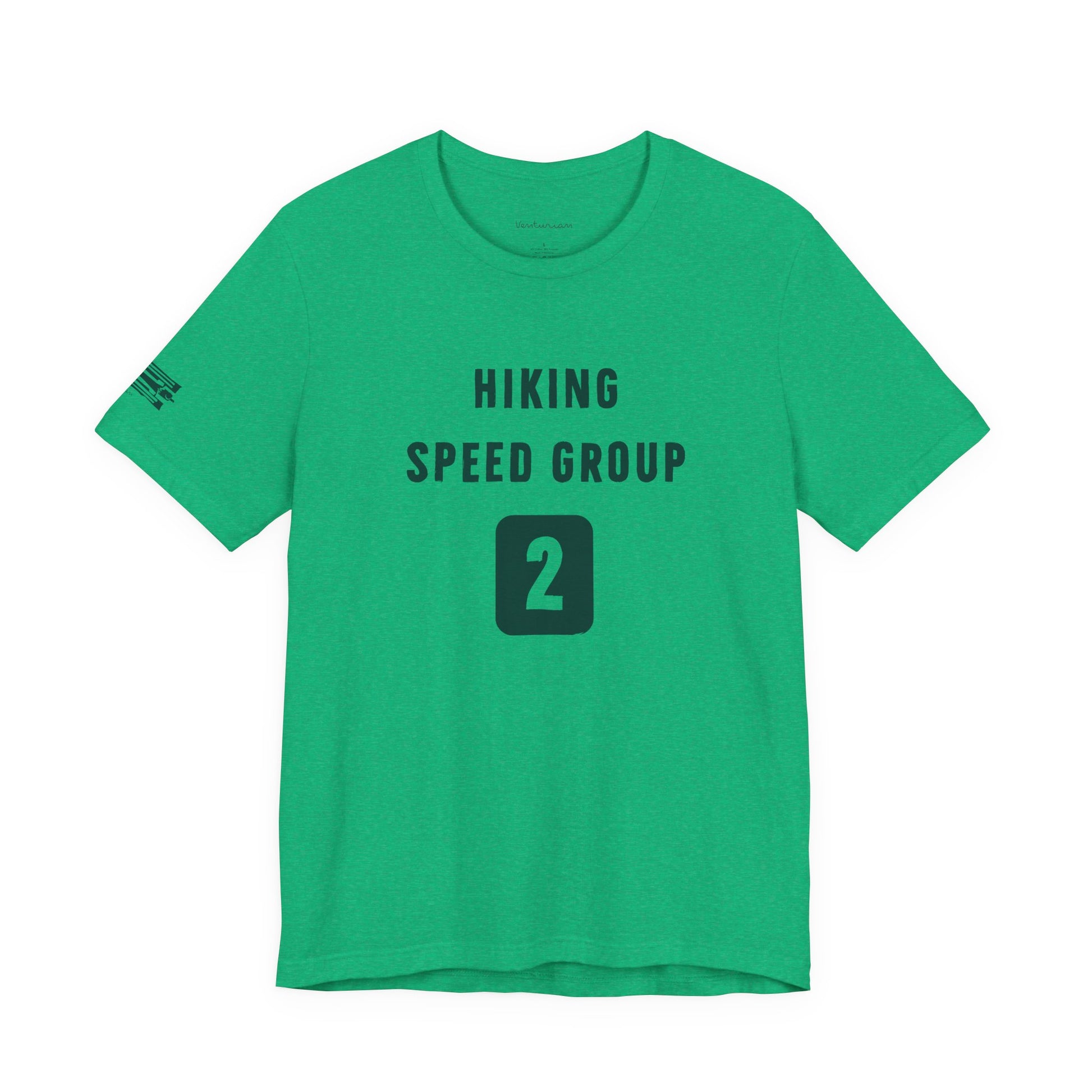 Green t-shirt with 'Hiking Speed Group 2' text on a white background