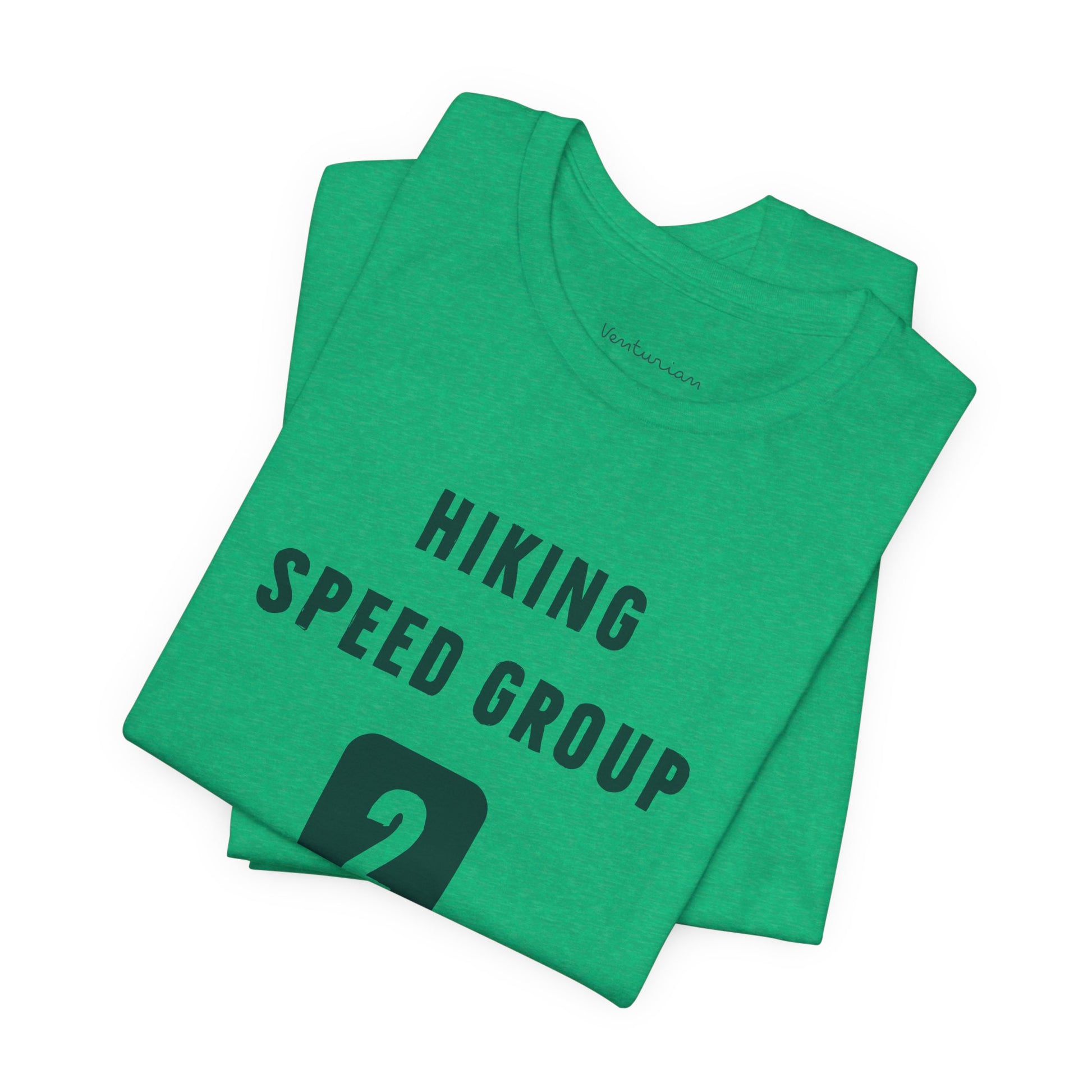 Green t-shirt with 'Hiking Speed Group' text on a white background