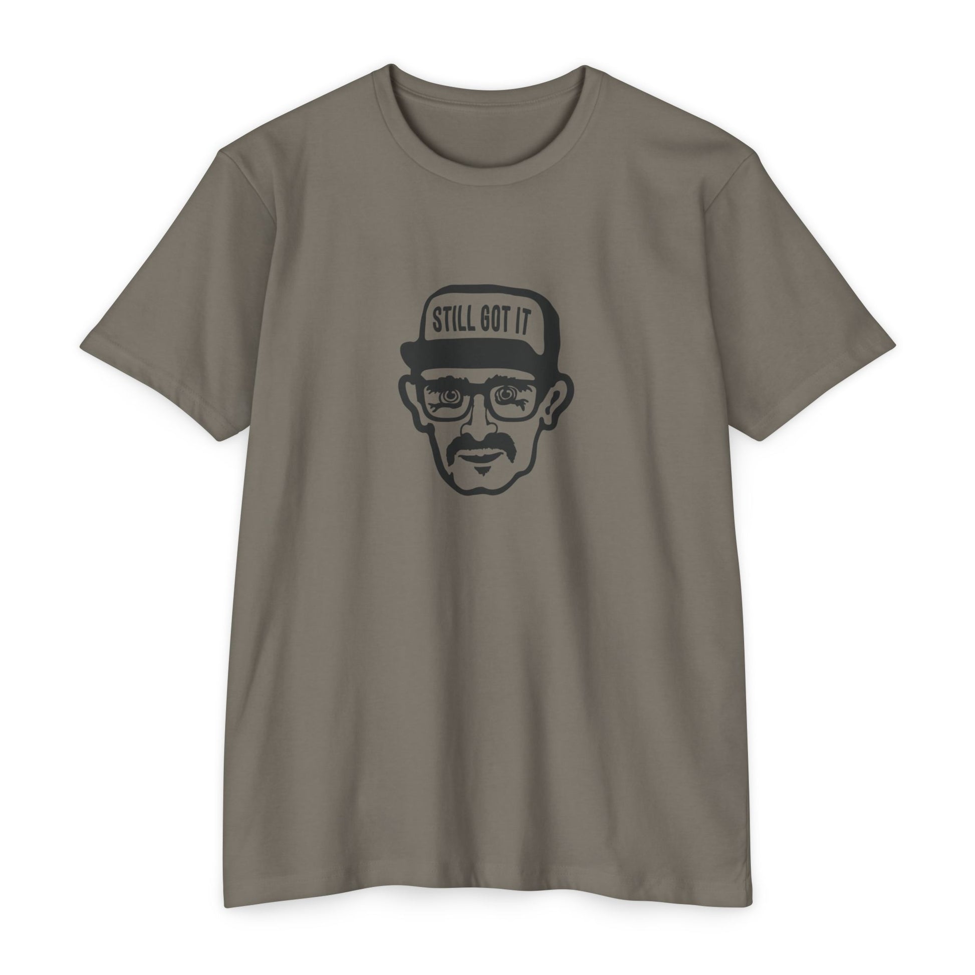 Brown t-shirt with a graphic of a man wearing a cap and glasses on a white background