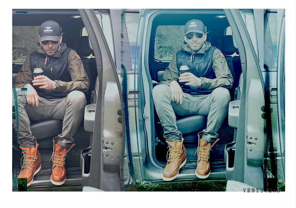 founder jason strong goes on a micro fly fishing adventure sitting in a truck taking a break drinking a beer
