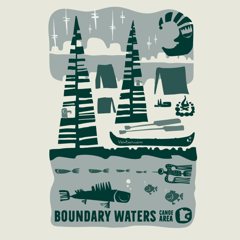 Illustration of Boundary Waters Canoe Area with trees, canoe, fish, and camping elements on a beige background.
