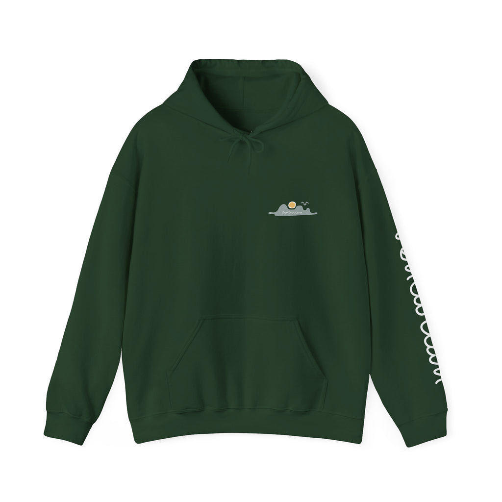 Green hoodie with a small nature graphic on the chest and text on the sleeve against a white background