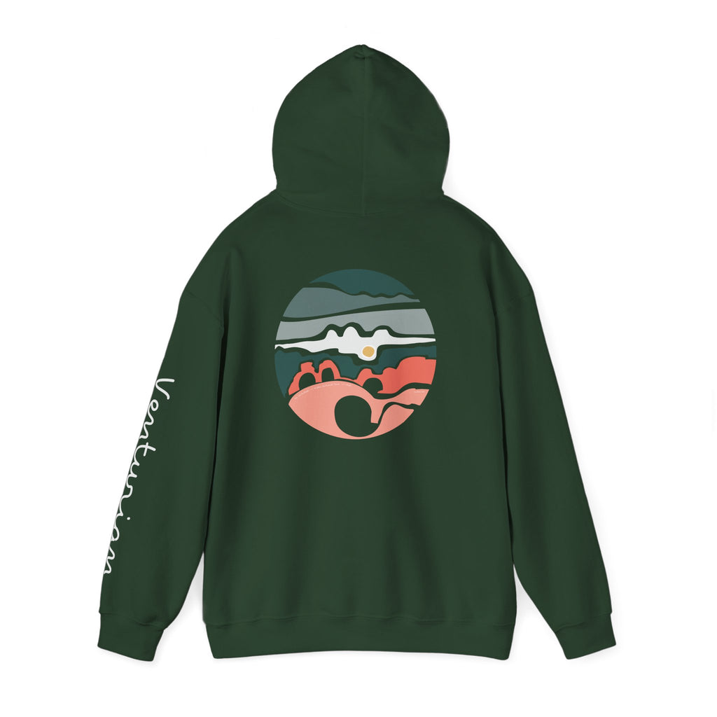 Outdoor adventure or camping graphic hoodie  with arches national park graphic on the back against a white background