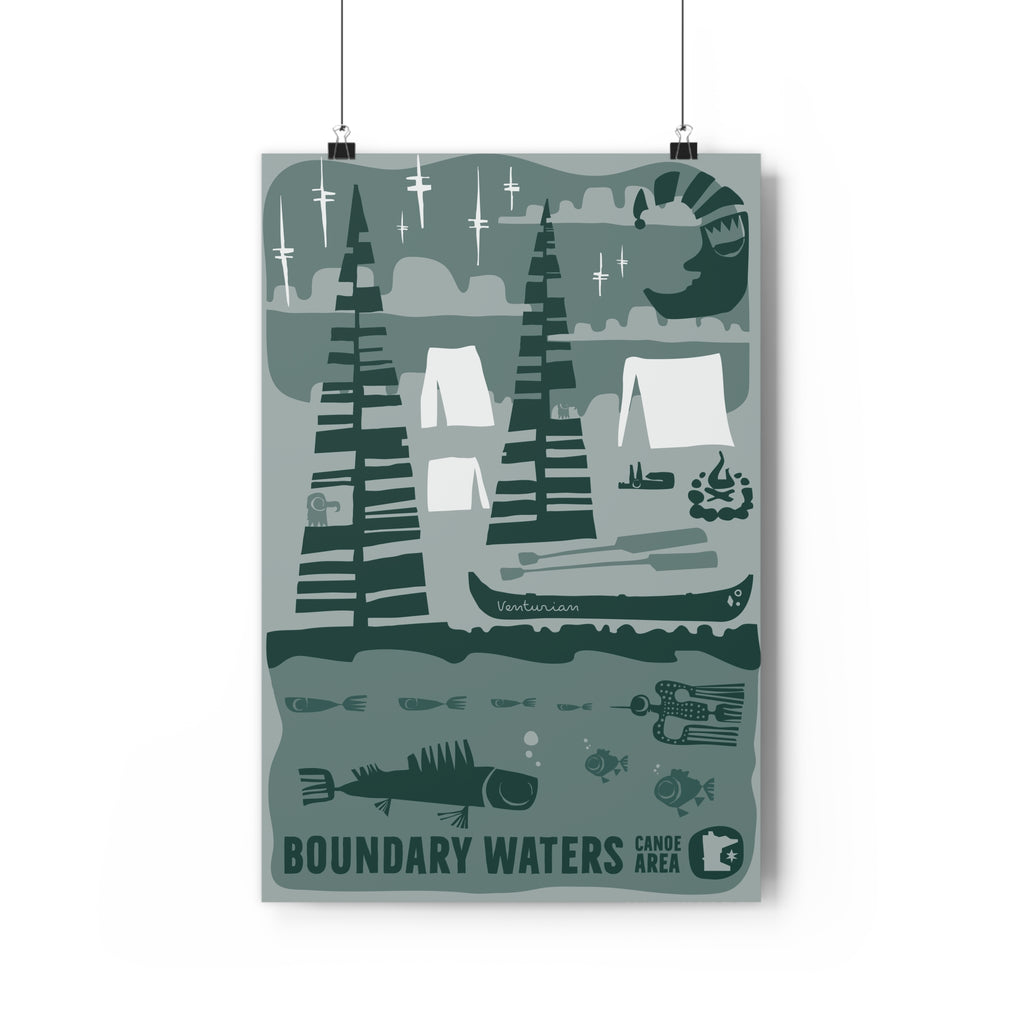 Poster of the Boundary Waters Canoe Area with camping scene and nature elements on a light gray background.