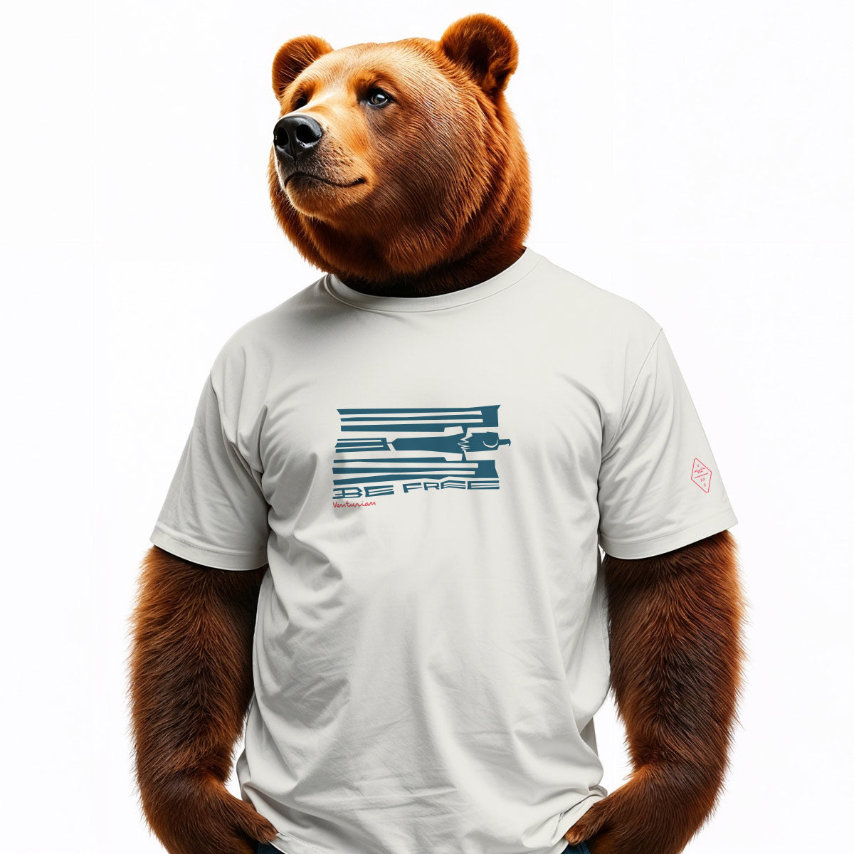 Bear wearing a white t-shirt with a blue graphic on a white background