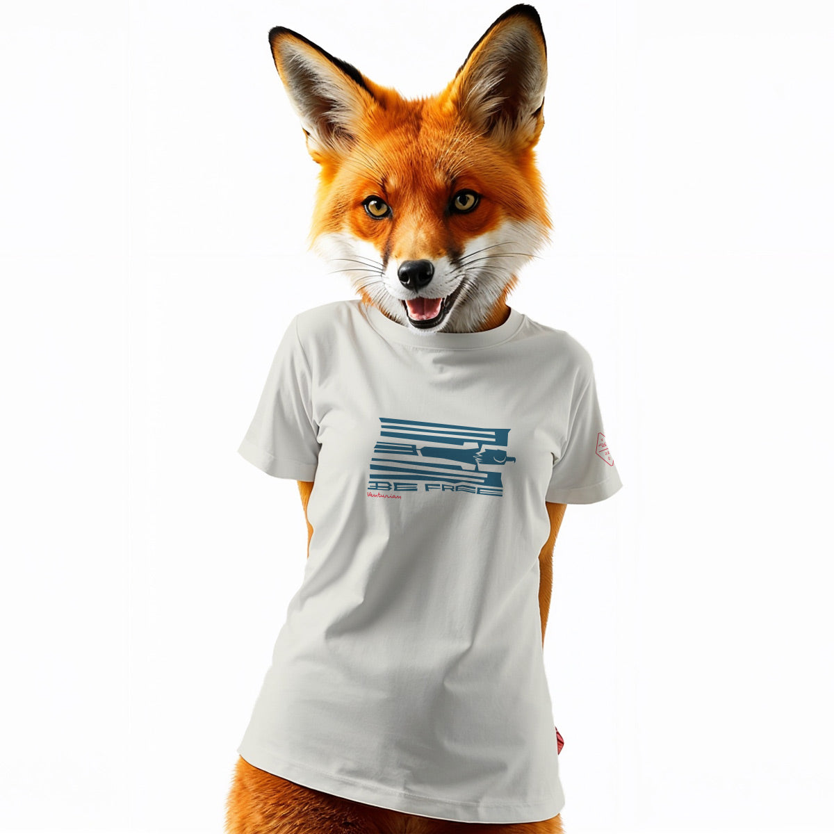 Person wearing a white t-shirt with a fox head design on a white background
