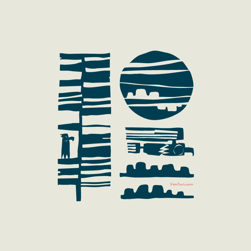 Abstract eagle island design with geometric shapes and a person on a citron background