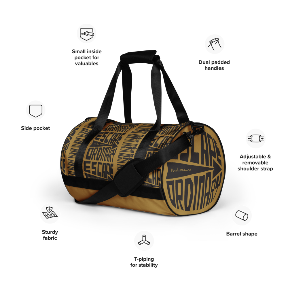 Duffle bag with features listed on a white background