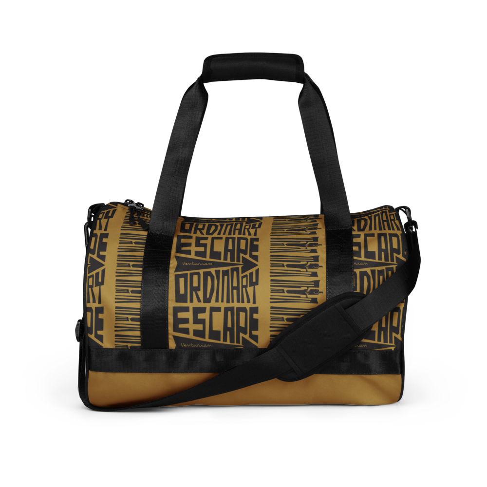 Duffle bag with 'Ordinary Escape' text and design on a white background