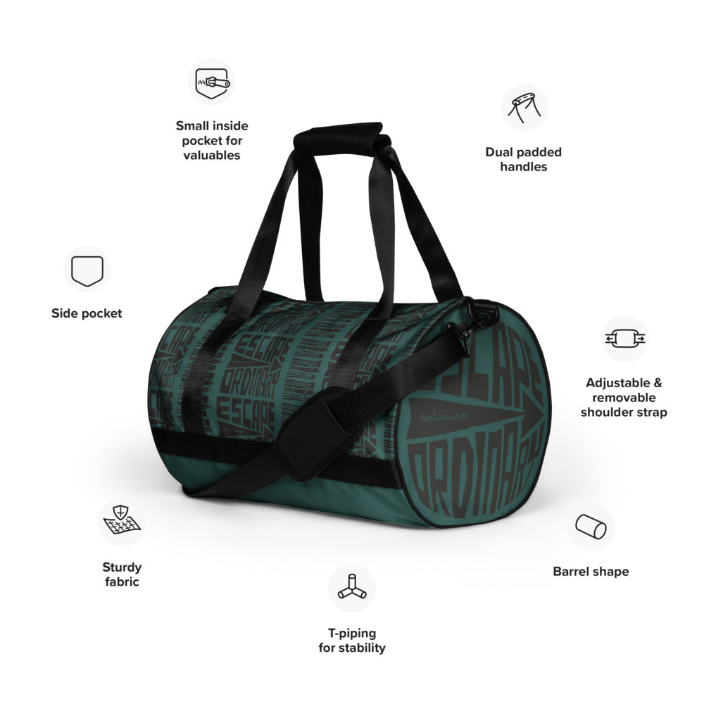 Green duffel bag with black straps on a white background, featuring text labels about bag features.