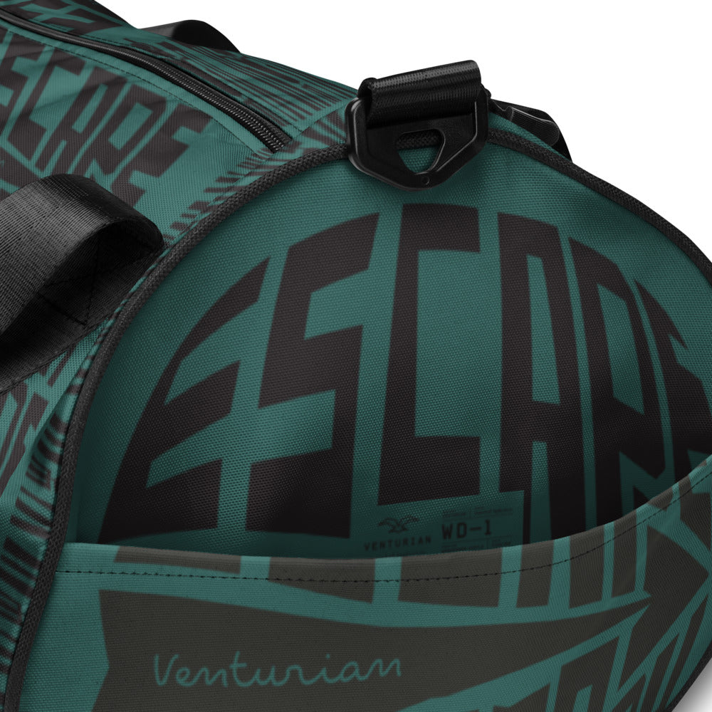 Green duffel bag with black text and 'Venturian' branding on a white background