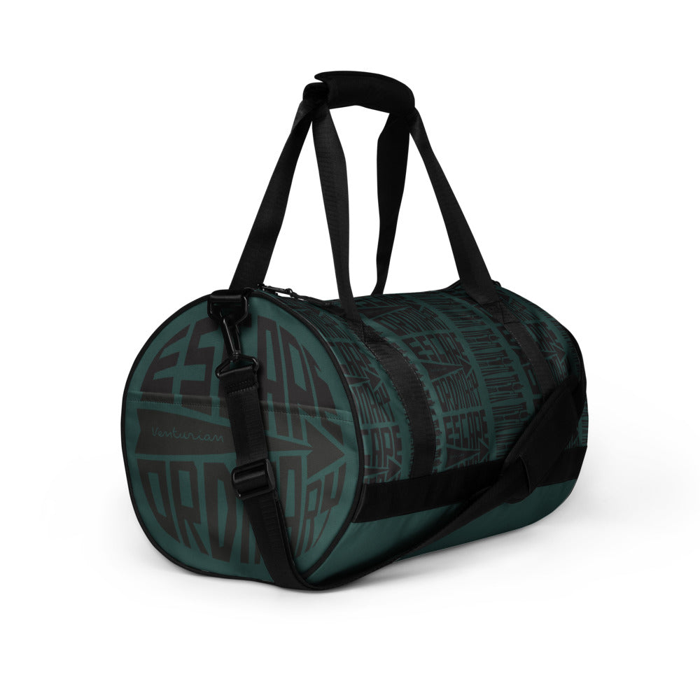 Green duffel bag with black straps on a white background