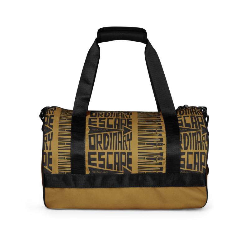 Duffle bag with 'Ordinary Escape' text design on a white background