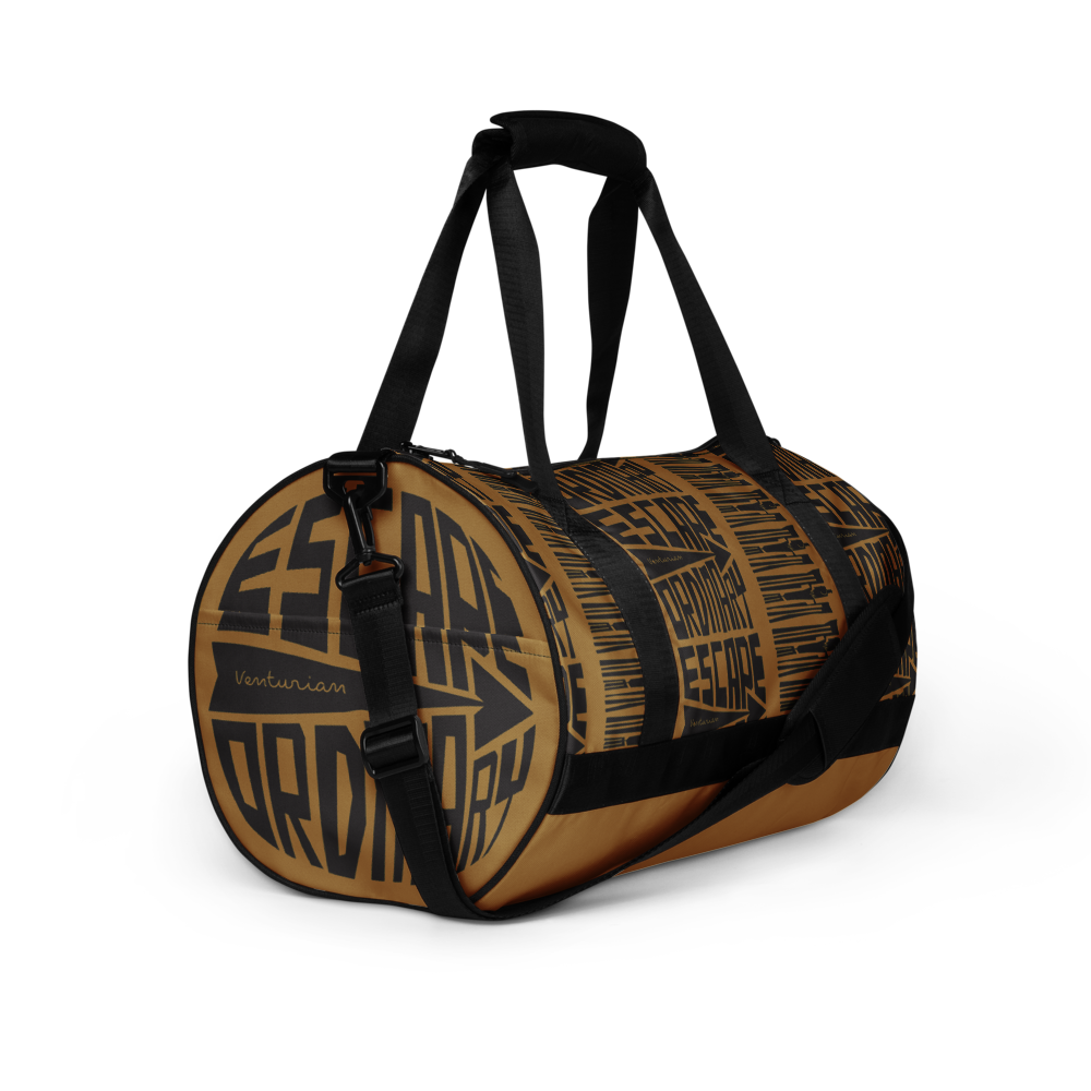 Brown duffel bag with black straps and branding on a white background