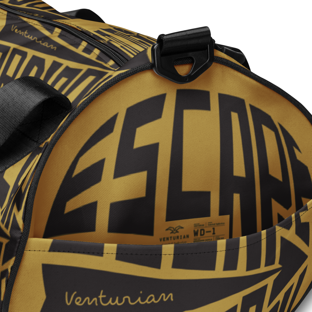 Gold and black duffel bag with 'Venturian' branding and 'ESCAPE' text.