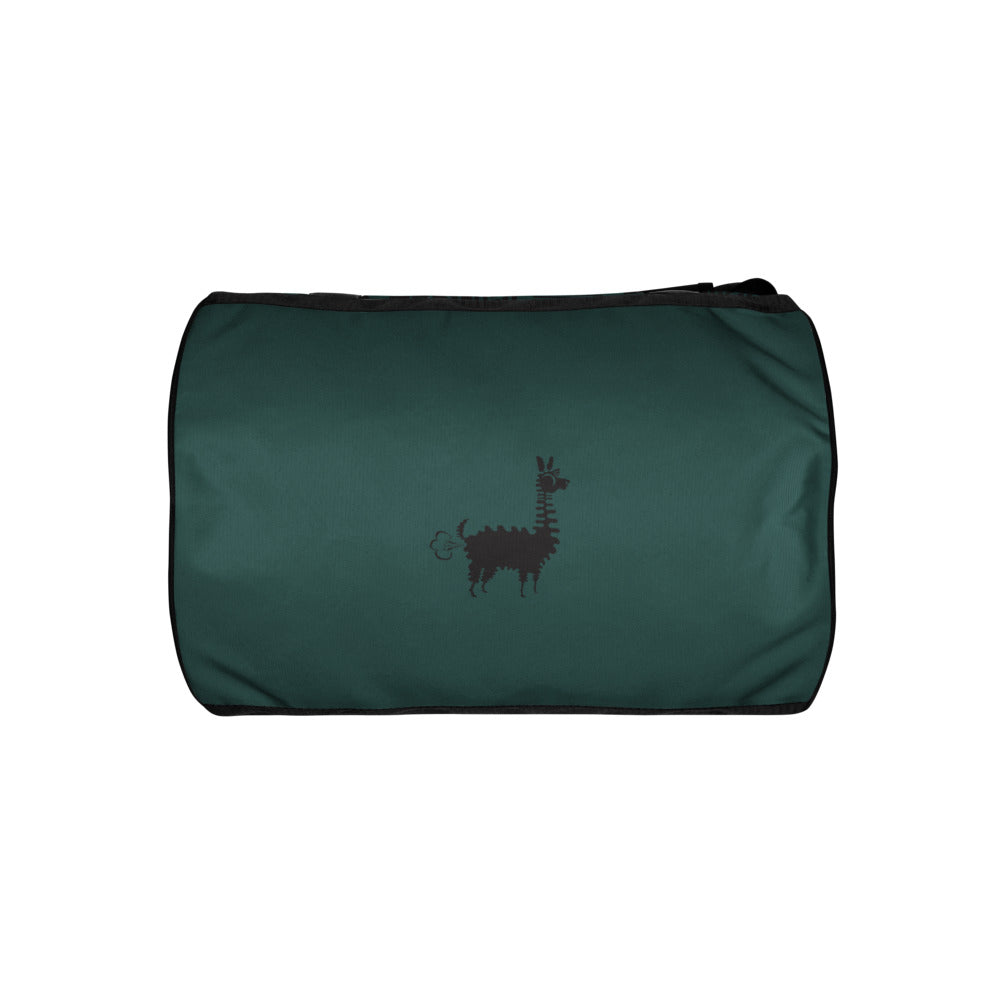 Green toiletry bag with a logo on a white background