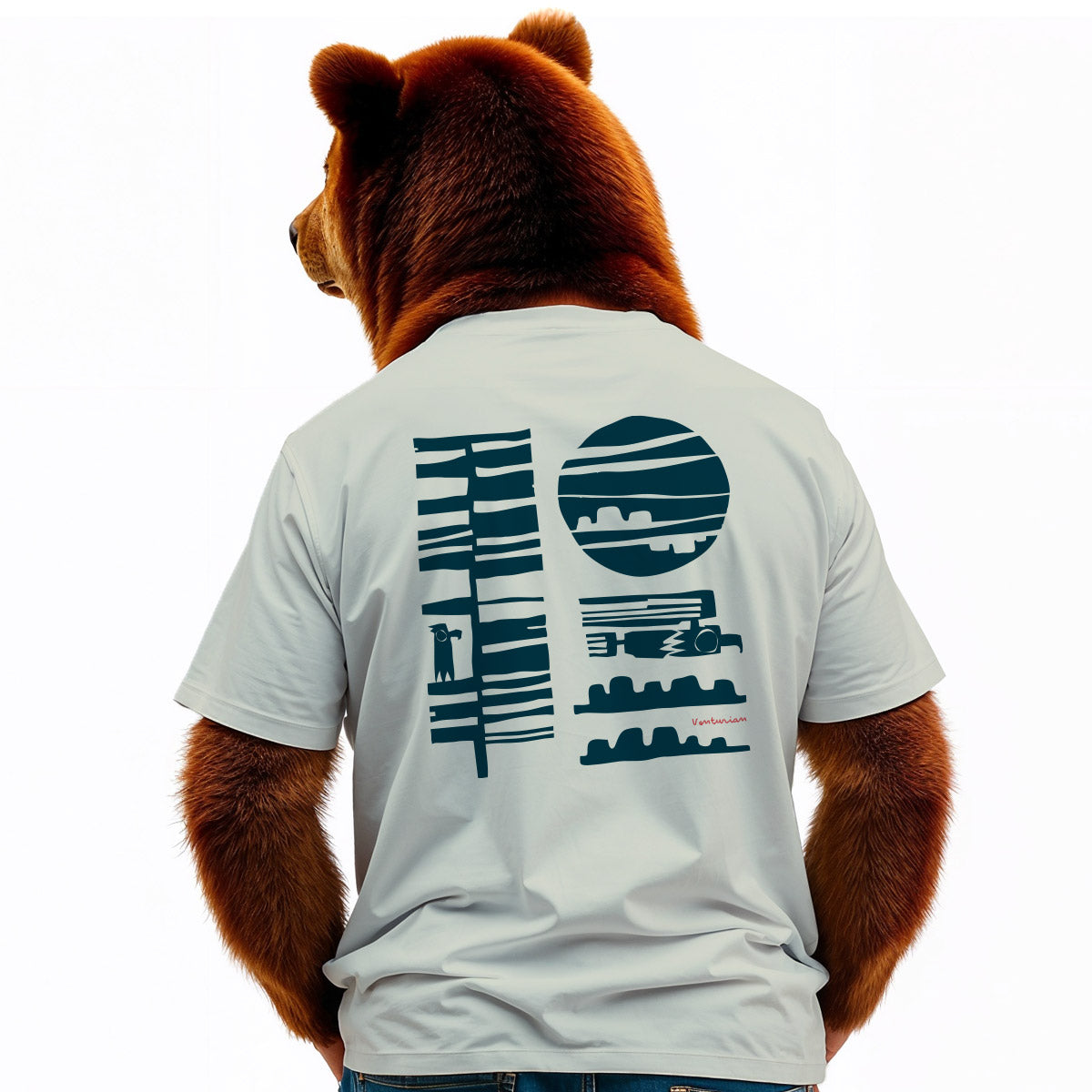 Bear wearing a light gray t-shirt with a blue graphic design on the back against a white background