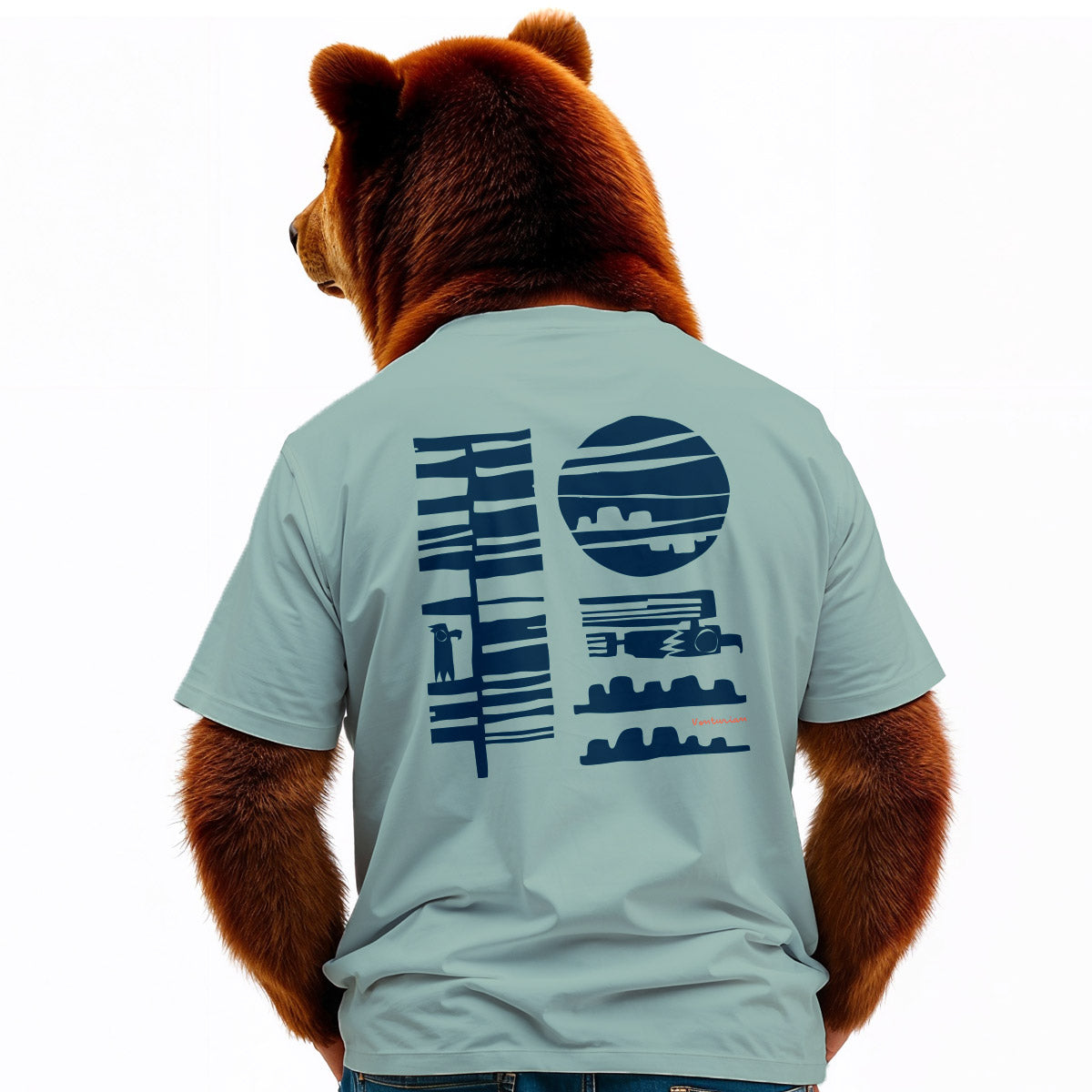 Bear wearing a light blue t-shirt with a design on the back against a white background