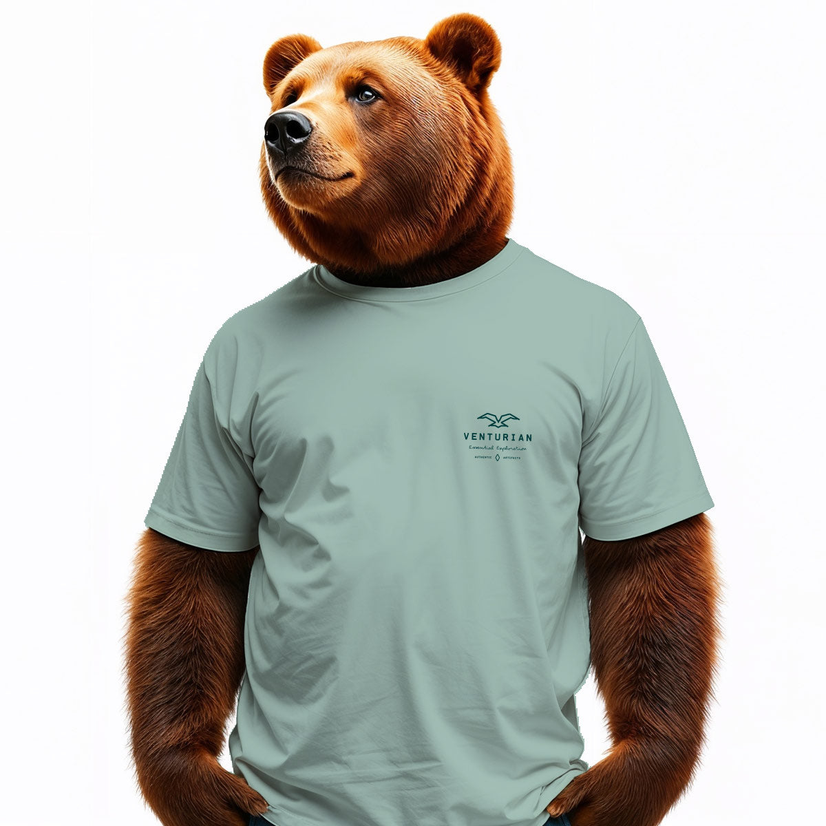 Bear wearing a light green t-shirt with a logo on a white background