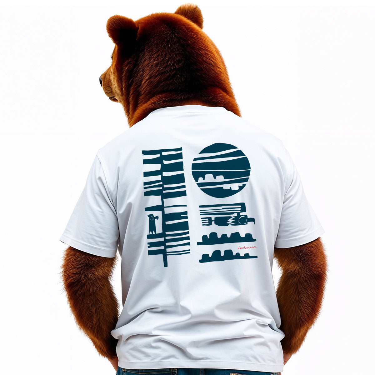 Brown bear wearing a white t-shirt with a blue graphic design on the back against a white background