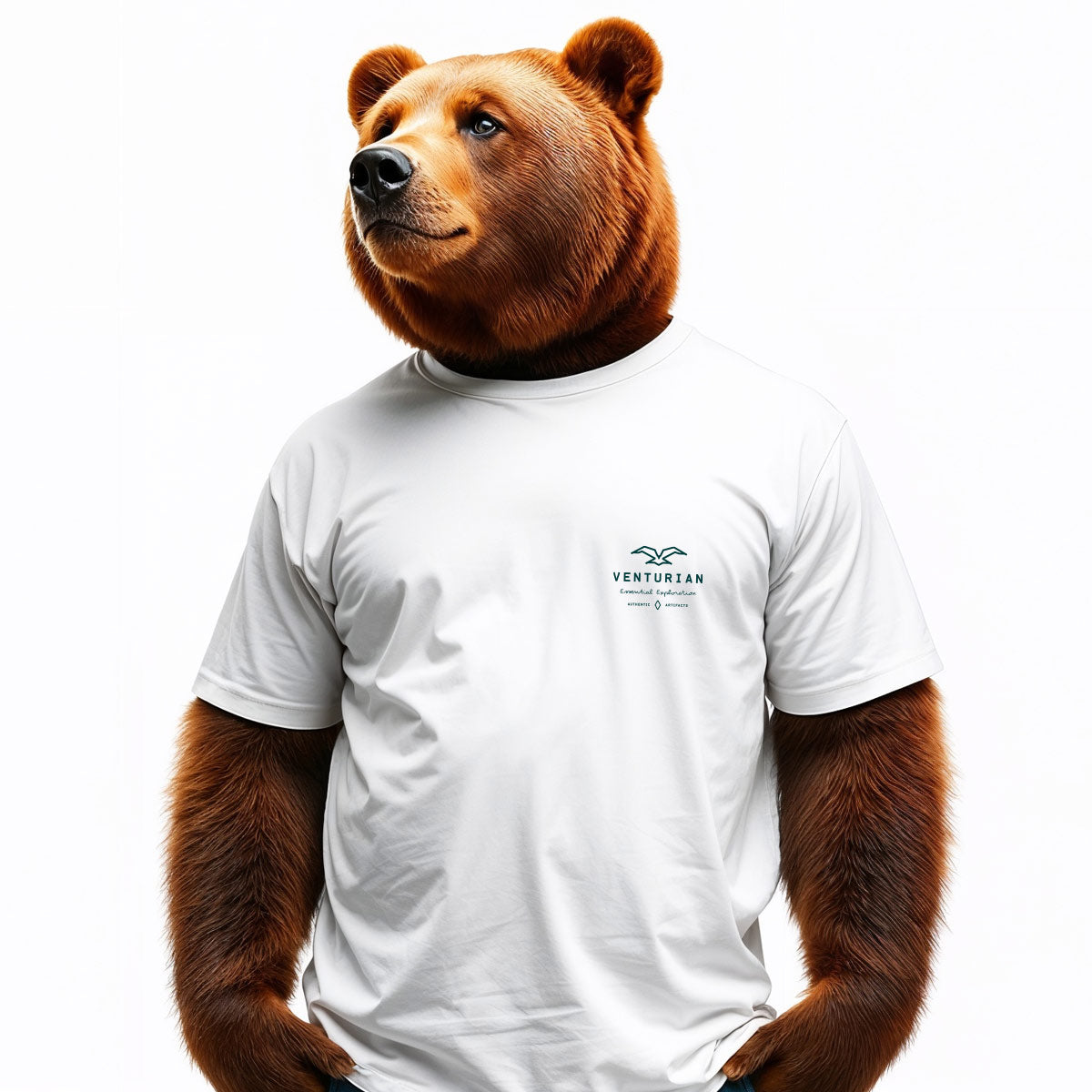 Person wearing a white t-shirt with a bear head on a white background