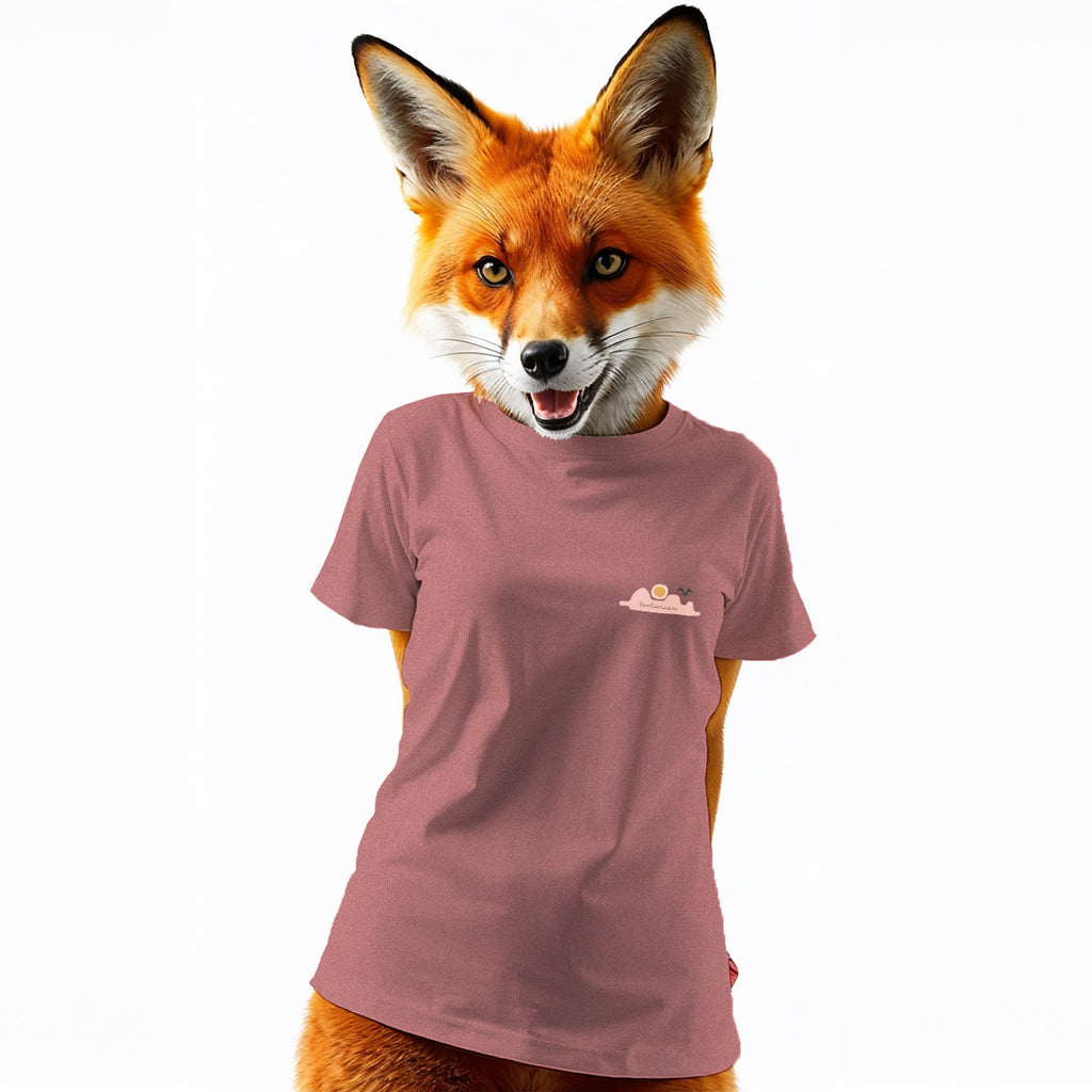 Pink t-shirt with a fox head design on a white background