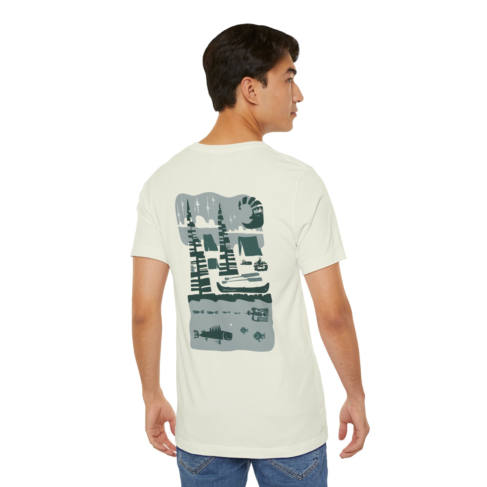 Man wearing a white t-shirt with a graphic design on the back, standing against a white background