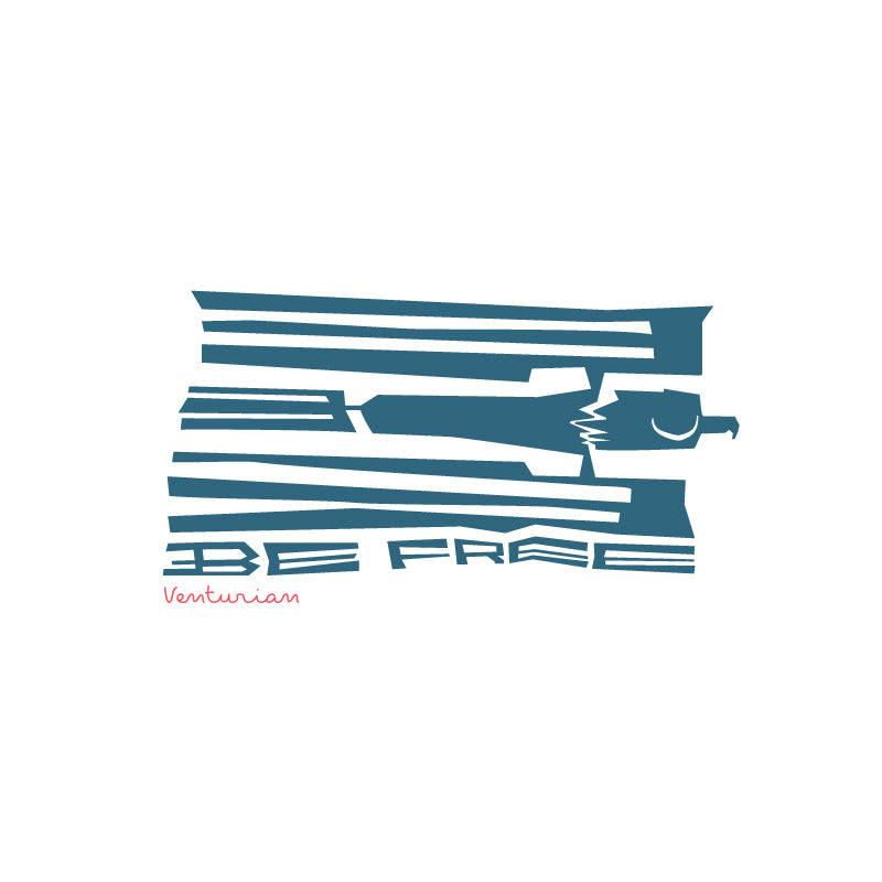 Blue abstract design with 'Be Free' text on a white background