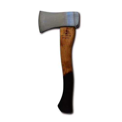 Wooden axe with leather sheath on a white background treated with flame to seal the american hickory handle. 