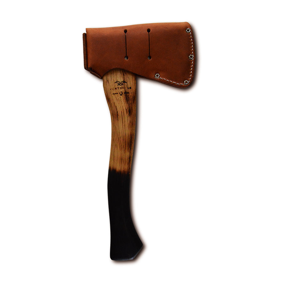 great mens gift idea is this Wooden axe with leather sheath on a white background treated with flame to seal the american hickory handle. 