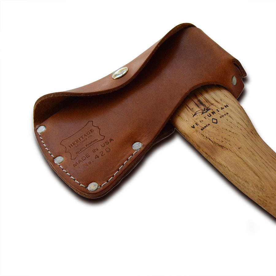 cool gift ideas for dad is this Wooden axe with a brown leather sheath on a white background