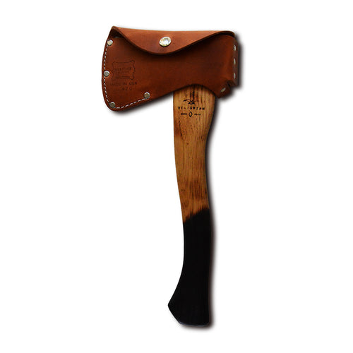 Wooden axe with leather sheath on a white background treated with flame to seal the american hickory handle. 