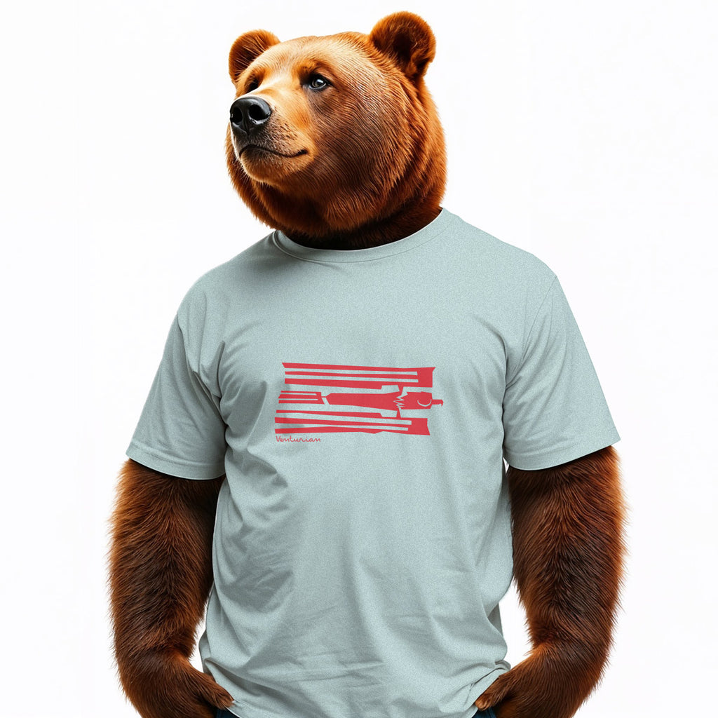 Bear wearing a light blue t-shirt with a red graphic design on a white background