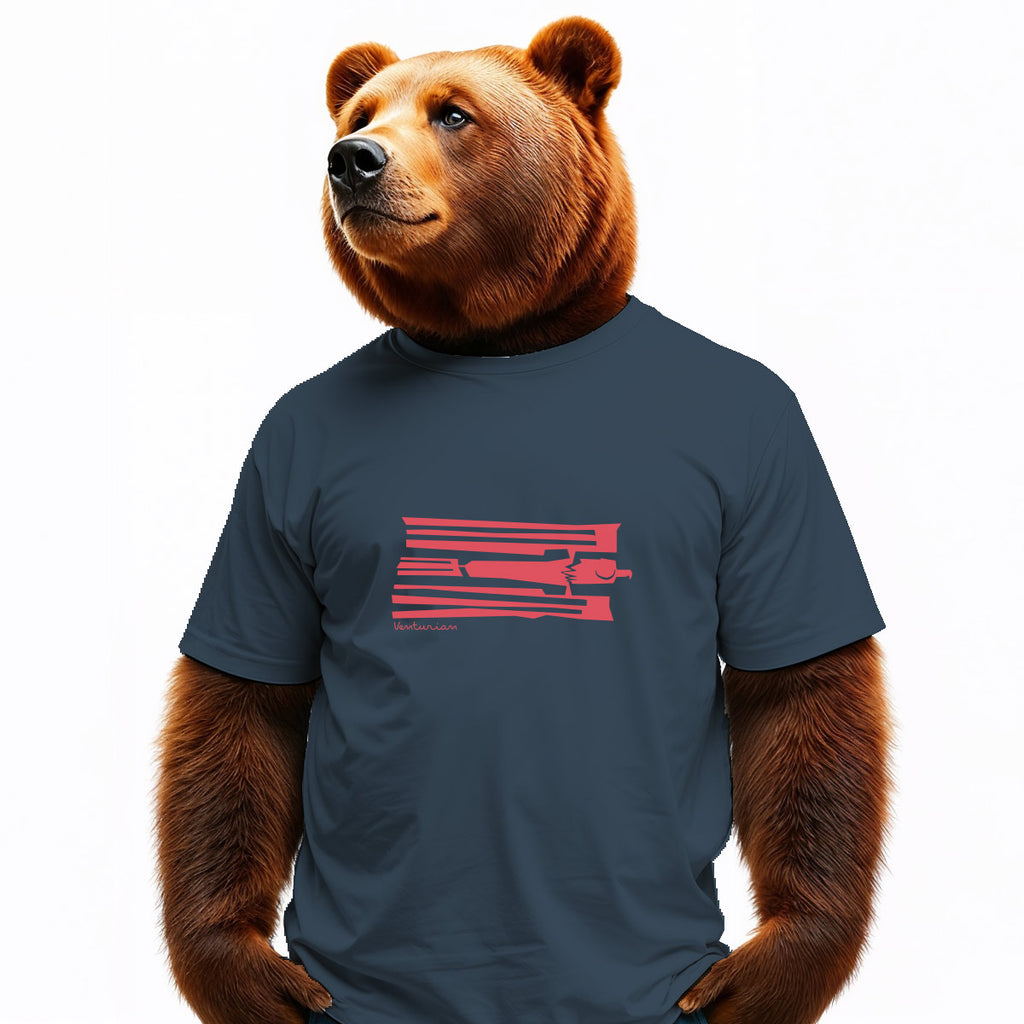 Bear wearing a blue t-shirt with a red graphic design on a white background