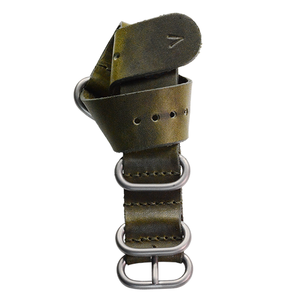 Green leather watch strap with silver hardware on a white background